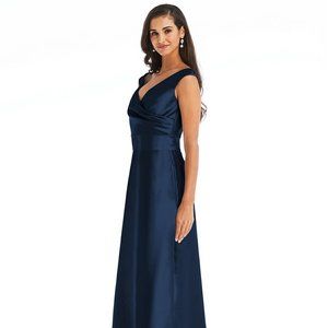 Alfred Sung Off-the-Shoulder Draped Wrap Satin Maxi Dress - D811 - Midnight Navy